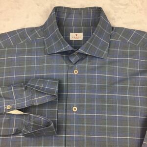 Bruli Dress Shirt Mens Large Gray w/Blue & White Checks French Cuffs
